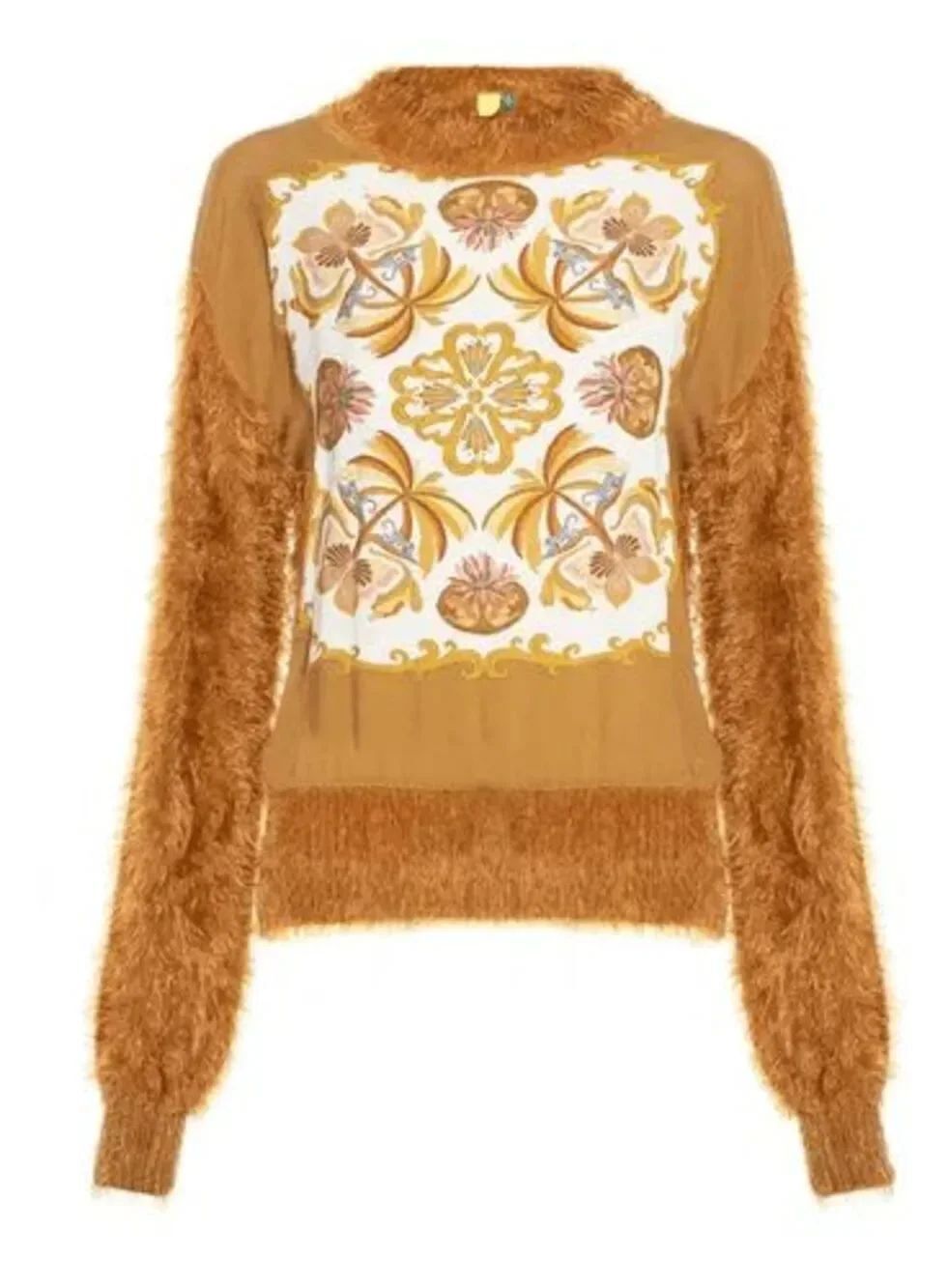 FARM Rio furry sweater with a printed scarf detail, featuring a vibrant "Amazon
